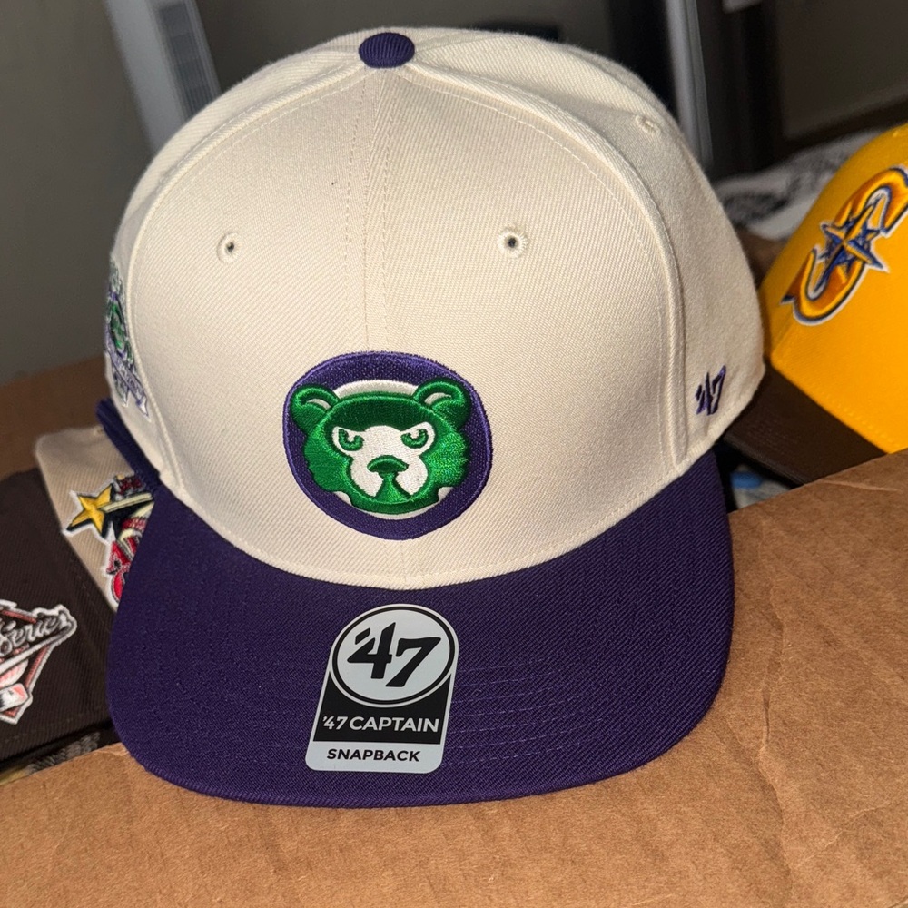 47 Cream and Purple Kids Hat with Green Bear Design